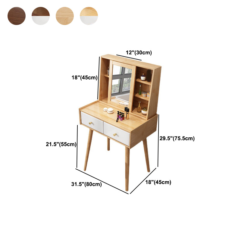 Wood Vanity and Stool 2 Drawers Mirrored Dressing Table for Bedroom