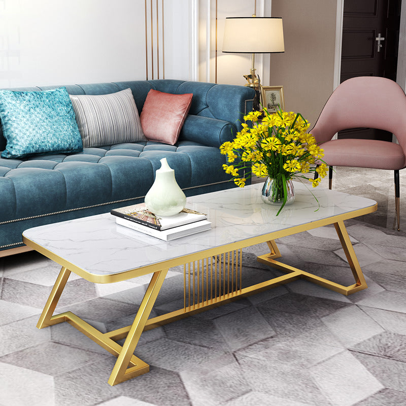 Glam Style Coffee Table with Trestle Base and Marble Top in Rectangle
