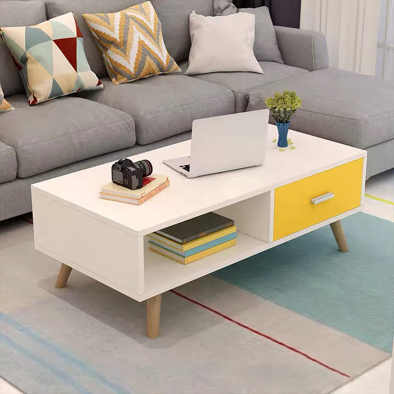 Contemporary Cocktail Table 4 Legs Wood with Drawer Rectangular Single Coffee Table