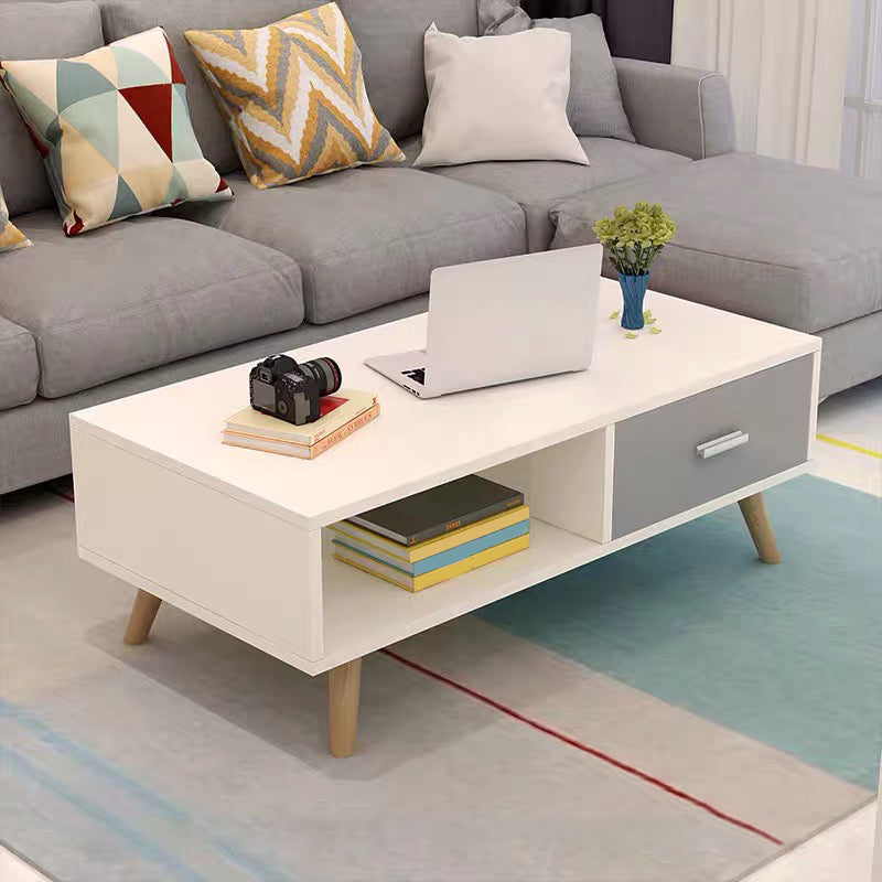 Contemporary Cocktail Table 4 Legs Wood with Drawer Rectangular Single Coffee Table