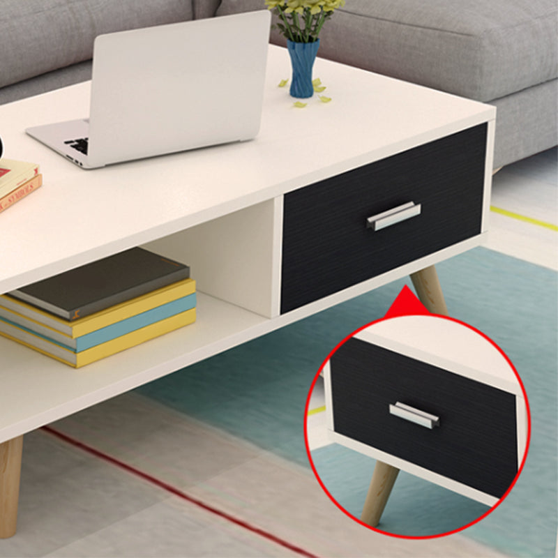 Contemporary Cocktail Table 4 Legs Wood with Drawer Rectangular Single Coffee Table