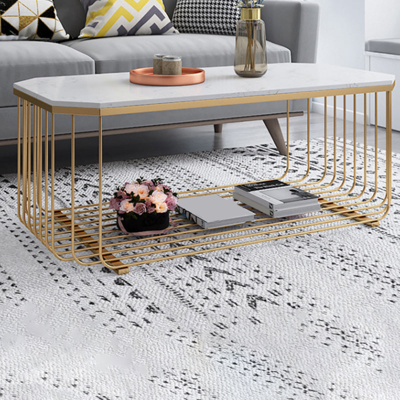 Glam Marble Top Coffee Table with Iron Base and Shelf Cocktail Table