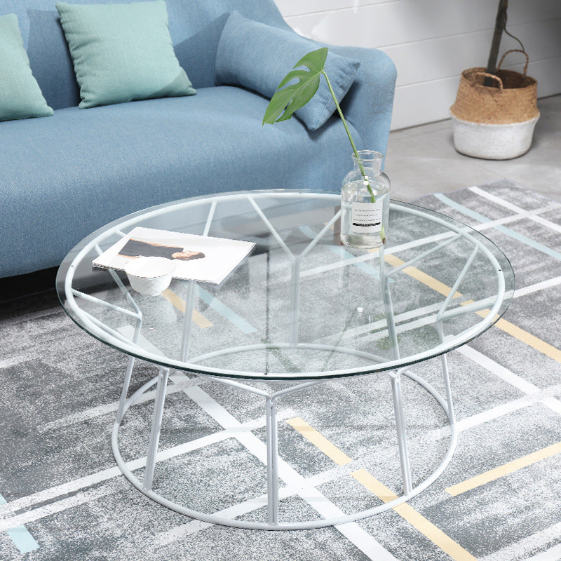 Contemporary Coffee Table with Round Glass Top and Iron Base