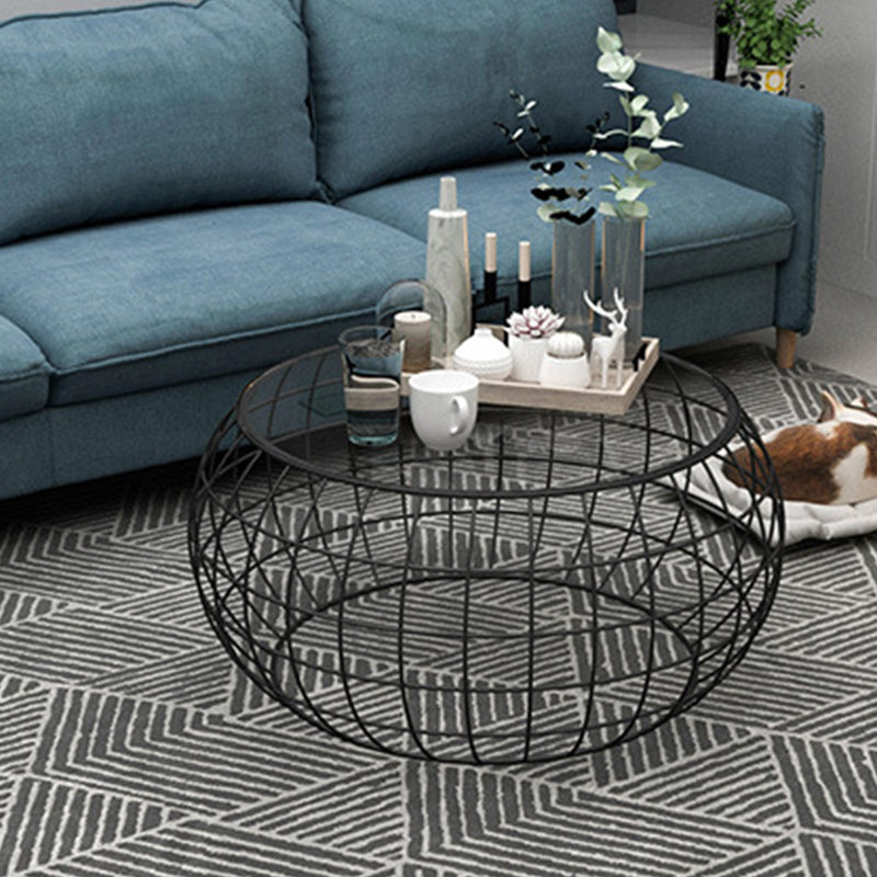 Contemporary Round Glass Top Cocktail Table with Frame Base in Iron
