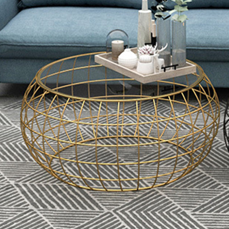 Contemporary Round Glass Top Cocktail Table with Frame Base in Iron
