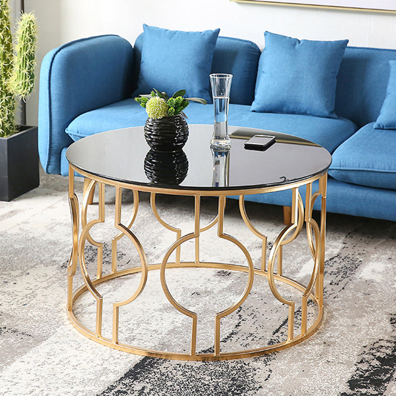 Contemporary Round Glass Coffee Table with Iron Frame Base Cocktail Table