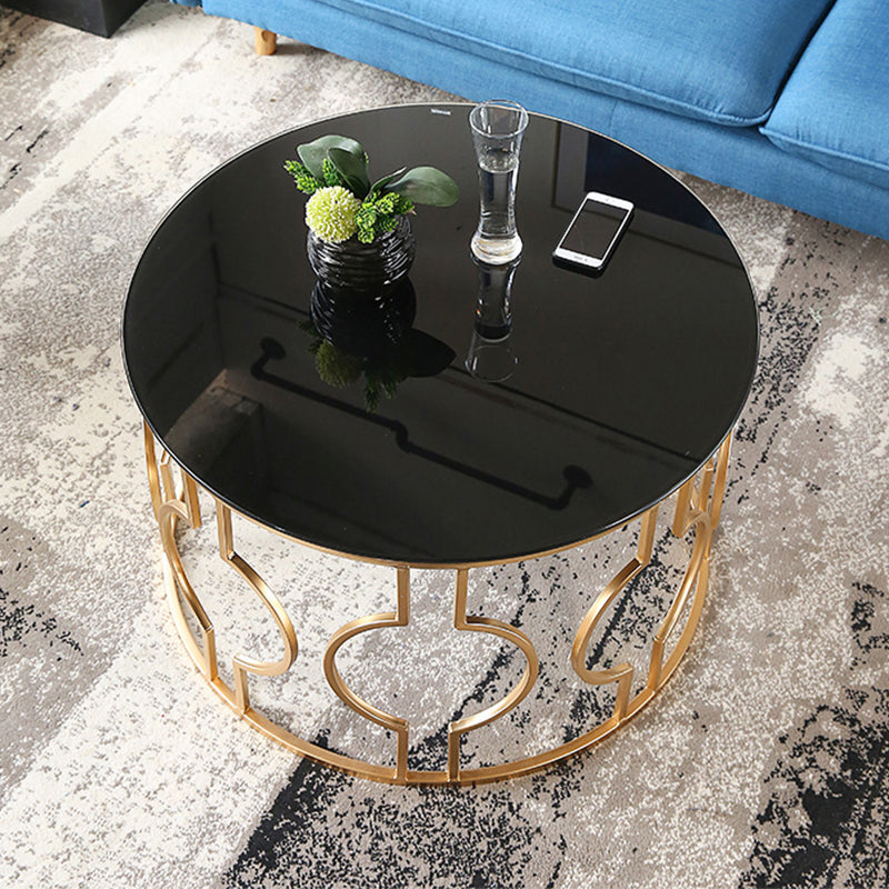 Contemporary Round Glass Coffee Table with Iron Frame Base Cocktail Table