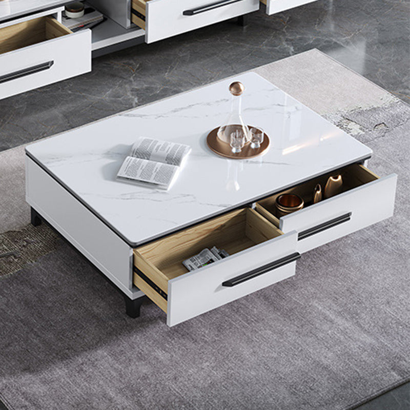 Stone Top Coffee Table with 4 Wooden Legs and 2 Drawers Cocktail Table