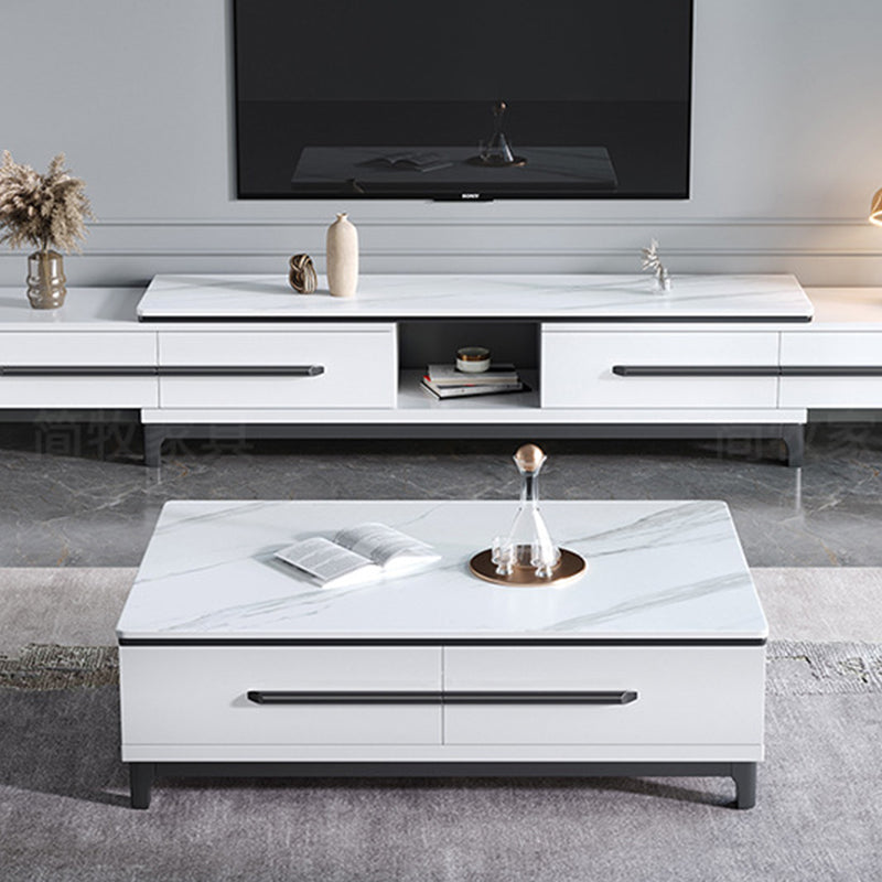 Stone Top Coffee Table with 4 Wooden Legs and 2 Drawers Cocktail Table