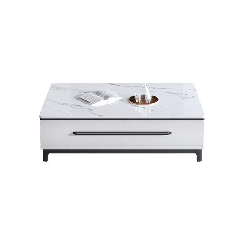 Stone Top Coffee Table with 4 Wooden Legs and 2 Drawers Cocktail Table