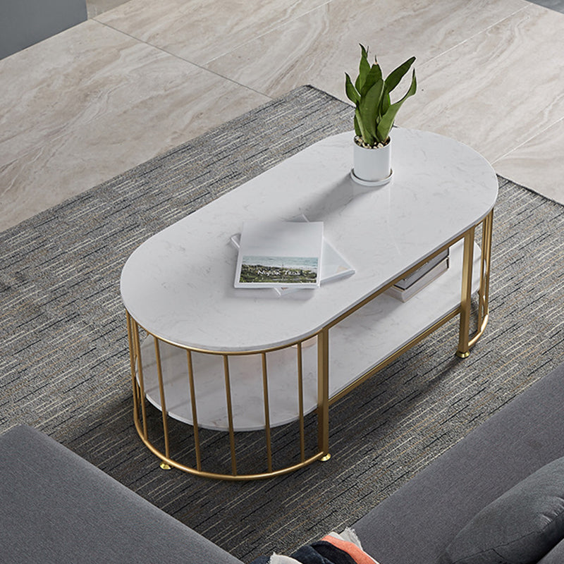 Glam Style Cocktail Table with Shelf and Stone Top and Steel Base
