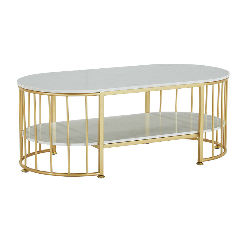 Glam Style Cocktail Table with Shelf and Stone Top and Steel Base