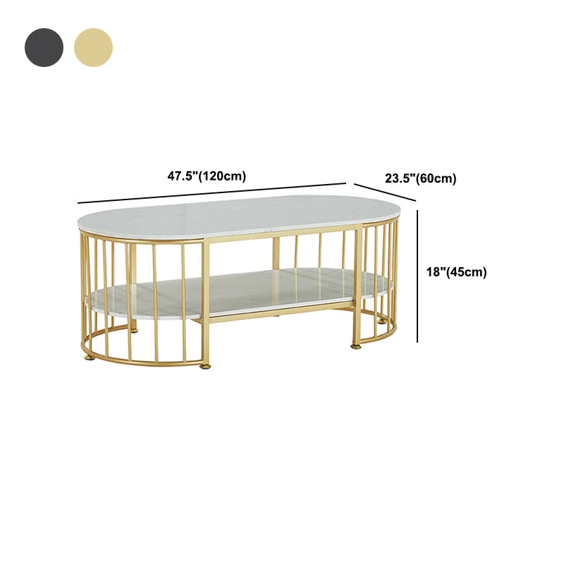 Glam Style Cocktail Table with Shelf and Stone Top and Steel Base