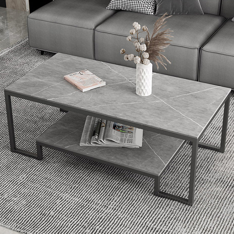 Contemporary Cocktail Table with Stone Top and Iron Base and Shelf
