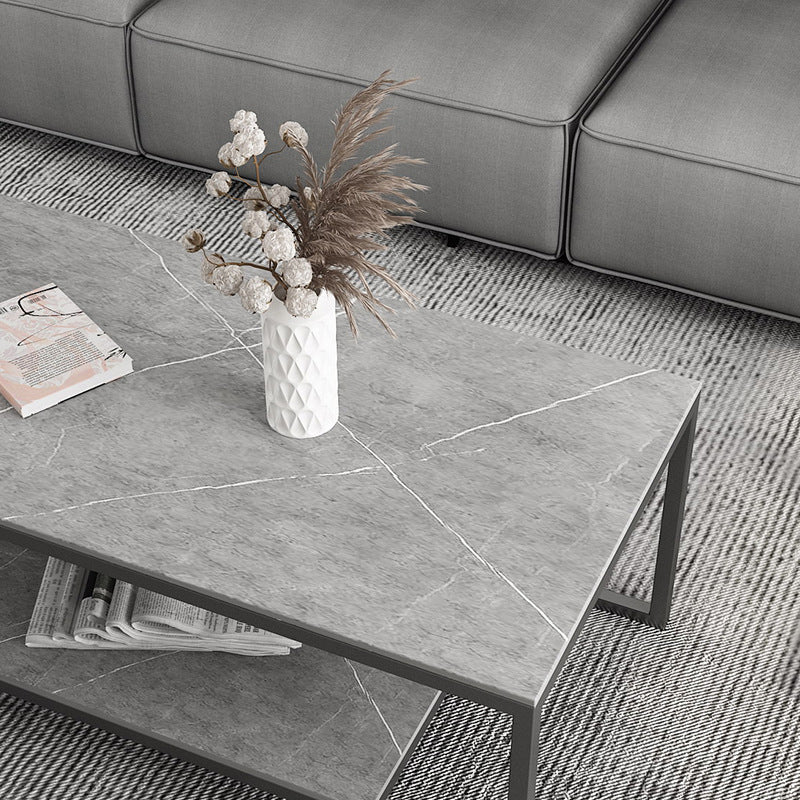 Contemporary Cocktail Table with Stone Top and Iron Base and Shelf