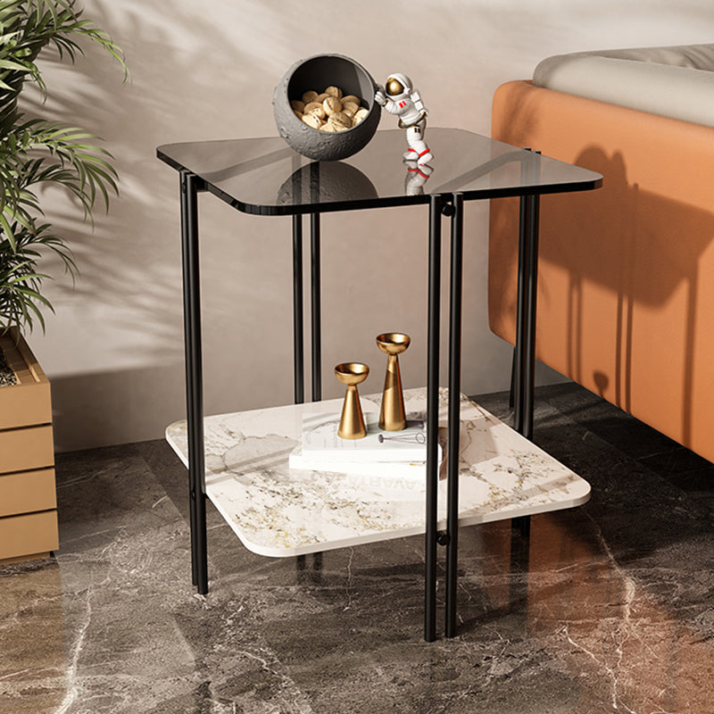 Modern Gray Glass Side End Table 4 Legs Double Tier Corner Table