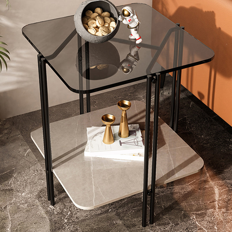Modern Gray Glass Side End Table 4 Legs Double Tier Corner Table