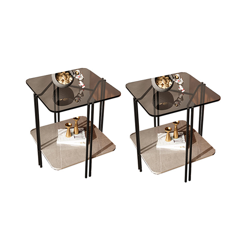 Modern Gray Glass Side End Table 4 Legs Double Tier Corner Table