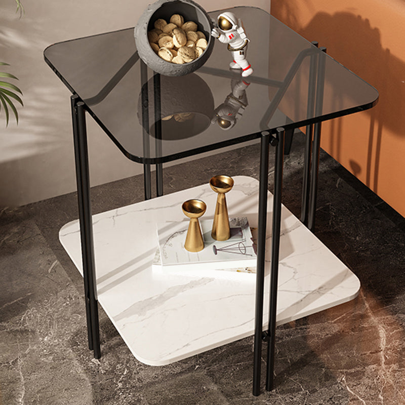 Modern Gray Glass Side End Table 4 Legs Double Tier Corner Table