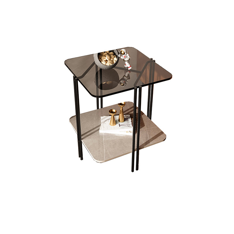 Modern Gray Glass Side End Table 4 Legs Double Tier Corner Table