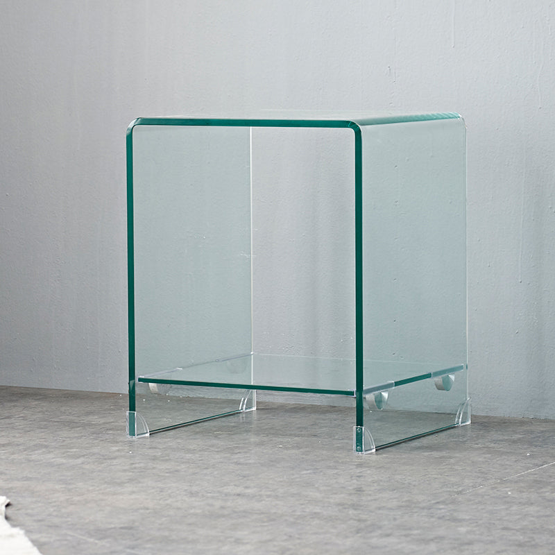 Contemporary Glass Square Side Table Sled End Table with Shelf