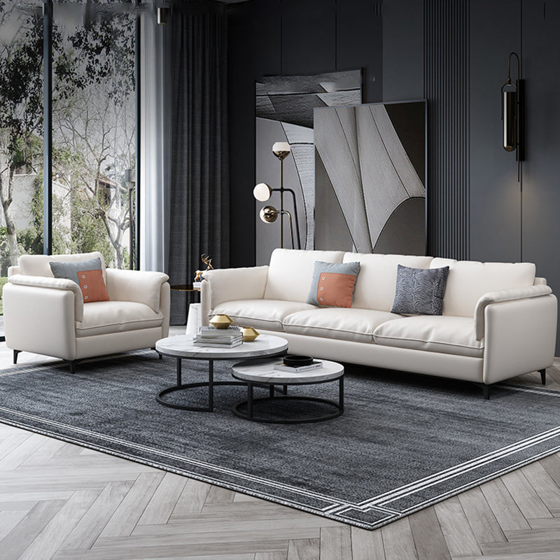 White Leather Pillow Back Sofa Contemporary Pillow Top Arm Sofa