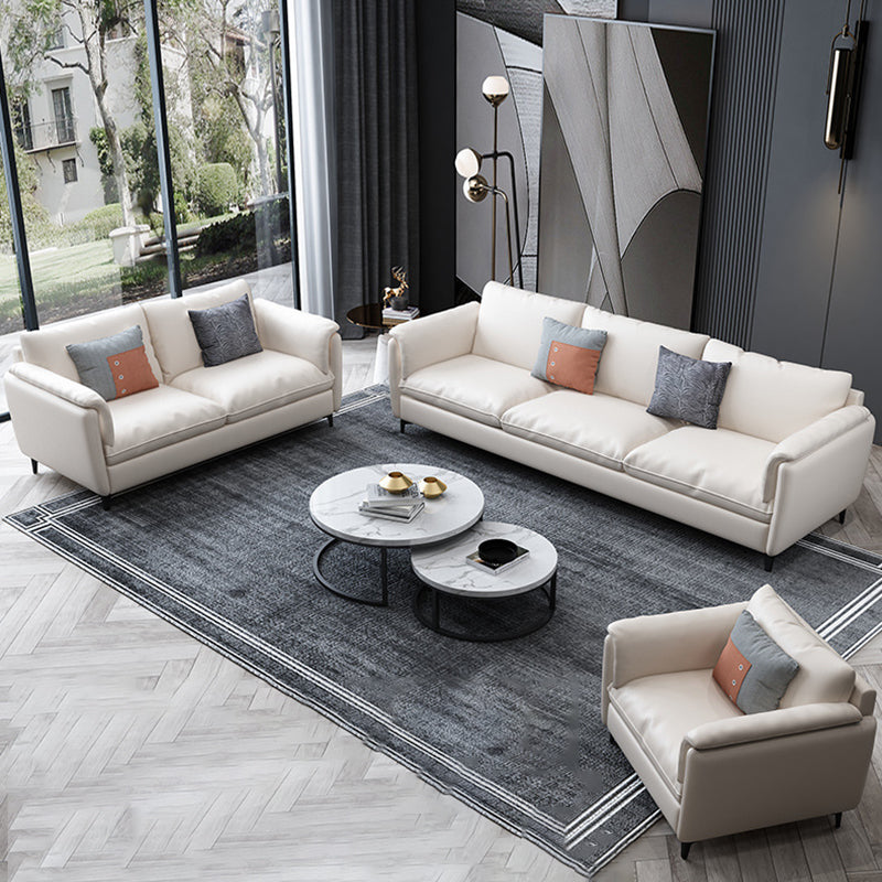 White Leather Pillow Back Sofa Contemporary Pillow Top Arm Sofa