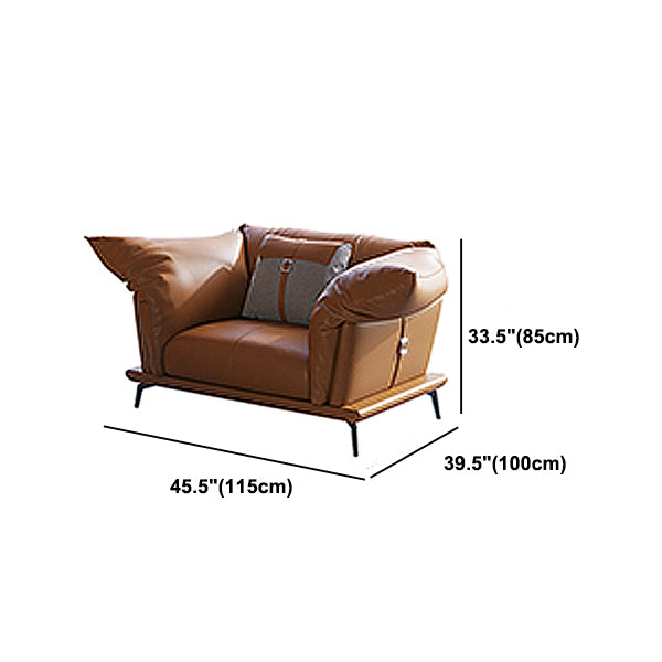Genuine Leather Modern Orange Sofa Tuxedo Arm Sofa with Pillows