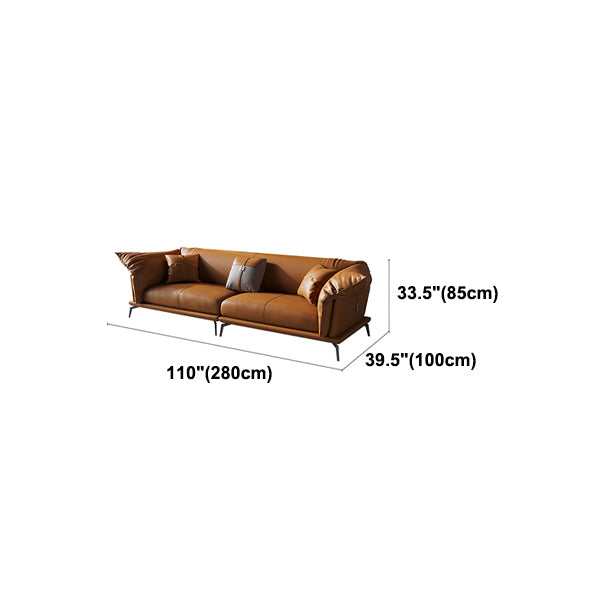 Genuine Leather Modern Orange Sofa Tuxedo Arm Sofa with Pillows