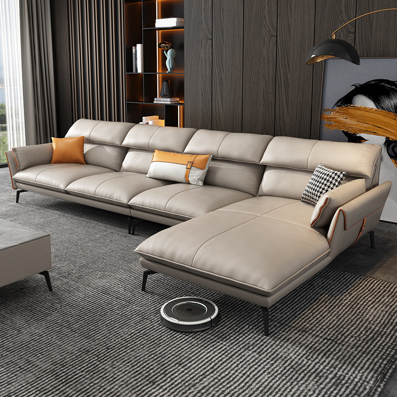 Flared Arm Genuine Leather Sectional 4-seat L-shape Sectional with Pillows