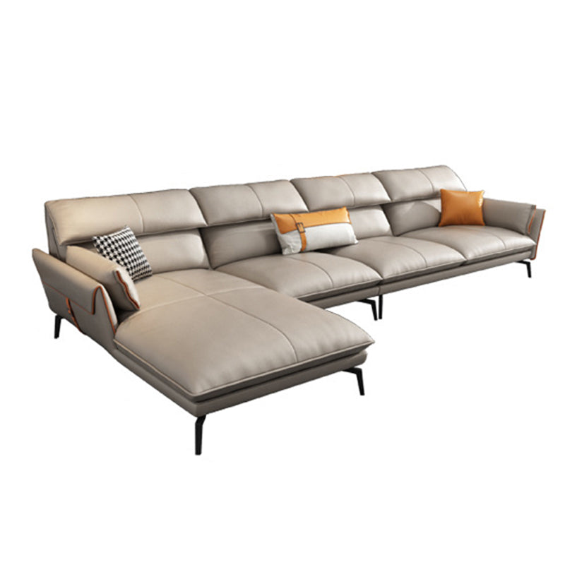 Flared Arm Genuine Leather Sectional 4-seat L-shape Sectional with Pillows
