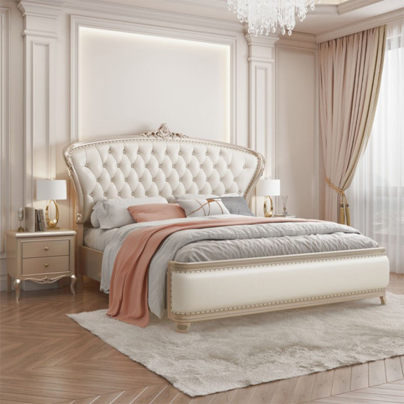 Victorian White Panel Bed Upholstered Headboard Bed with Custom Gold Legs