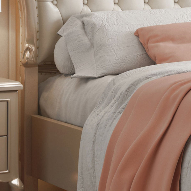 Victorian White Panel Bed Upholstered Headboard Bed with Custom Gold Legs