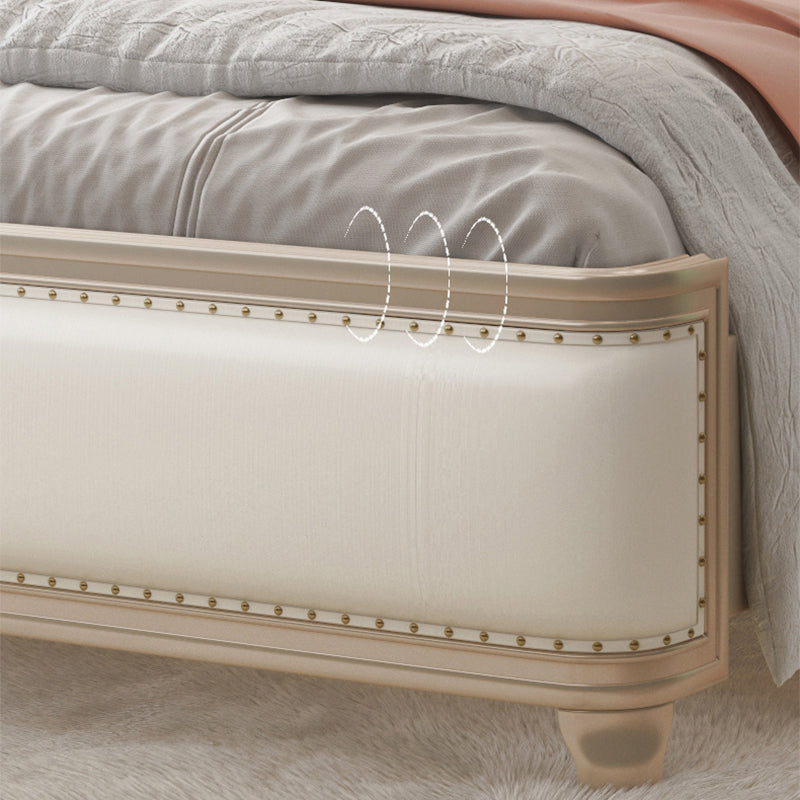 Victorian White Panel Bed Upholstered Headboard Bed with Custom Gold Legs