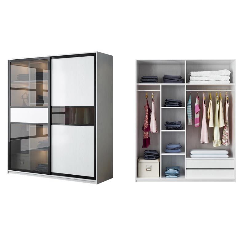 Glass and Engineered Wood Wardrobe Closet White Wardrobe Cabinet