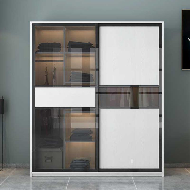 Glass and Engineered Wood Wardrobe Closet White Wardrobe Cabinet