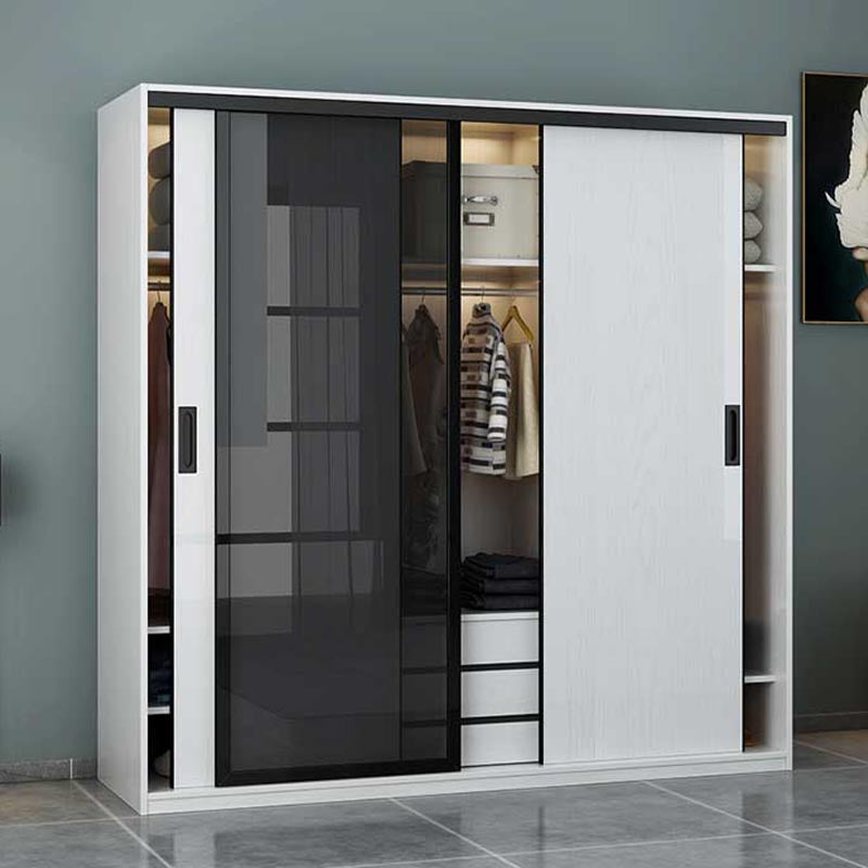 Glass and Engineered Wood Wardrobe Closet White Wardrobe Cabinet