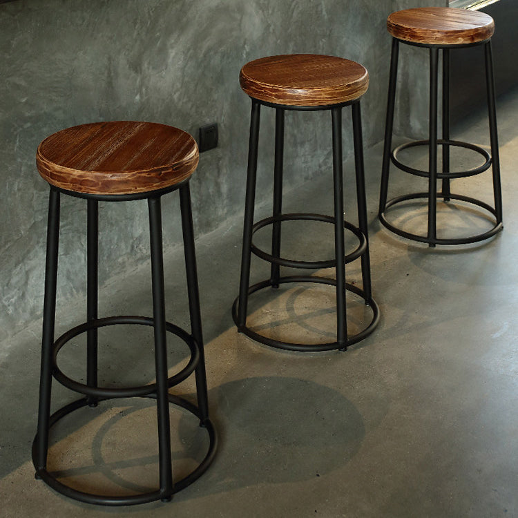 Industrial Round Bar Stools Solid Wood Black Footrest Counter Stool for Shop