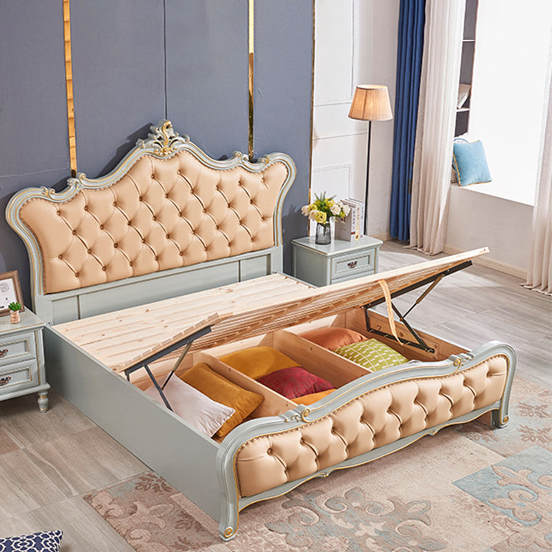 84.65 inch Wide Victorian Bed Frame Rubberwood Standard Bed with Upholstered Headboard