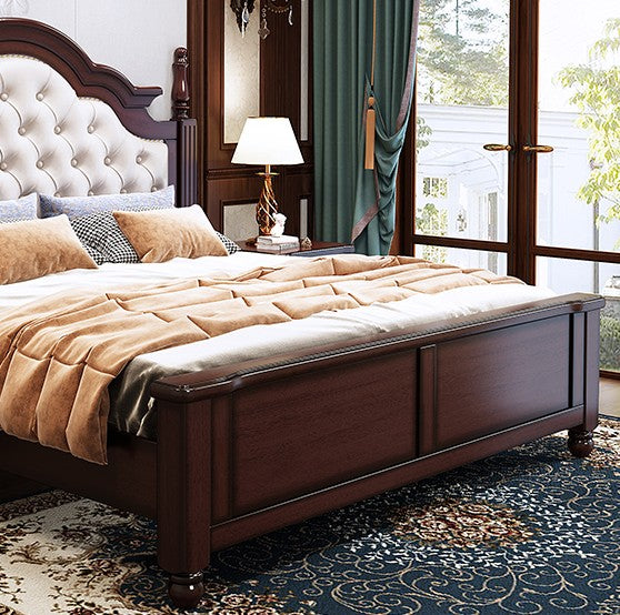 57.08" High Bed Mid-Century Modern Rubberwood Standard Bed with Upholstered Headboard