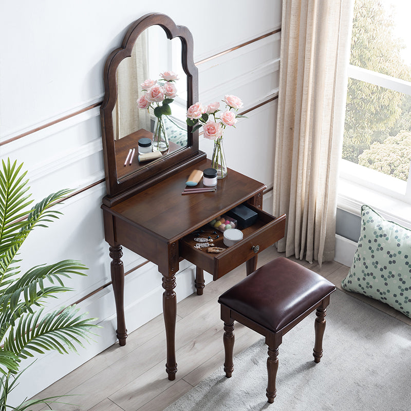 23.6" W Wood Vanity Table 1-Drawer Vanity Makeup Table Set with Mirror & Stool
