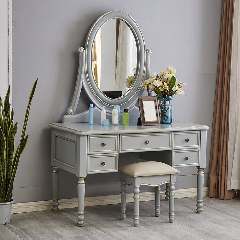 Mirror Desk Furniture 2 Drawer Blue Vanity with Padded Stool