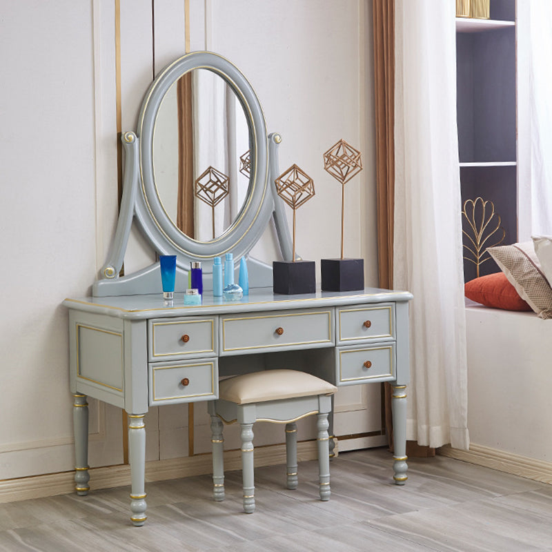 Mirror Desk Furniture 2 Drawer Blue Vanity with Padded Stool