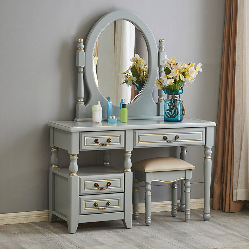 Mirror Desk Furniture 2 Drawer Blue Vanity with Padded Stool
