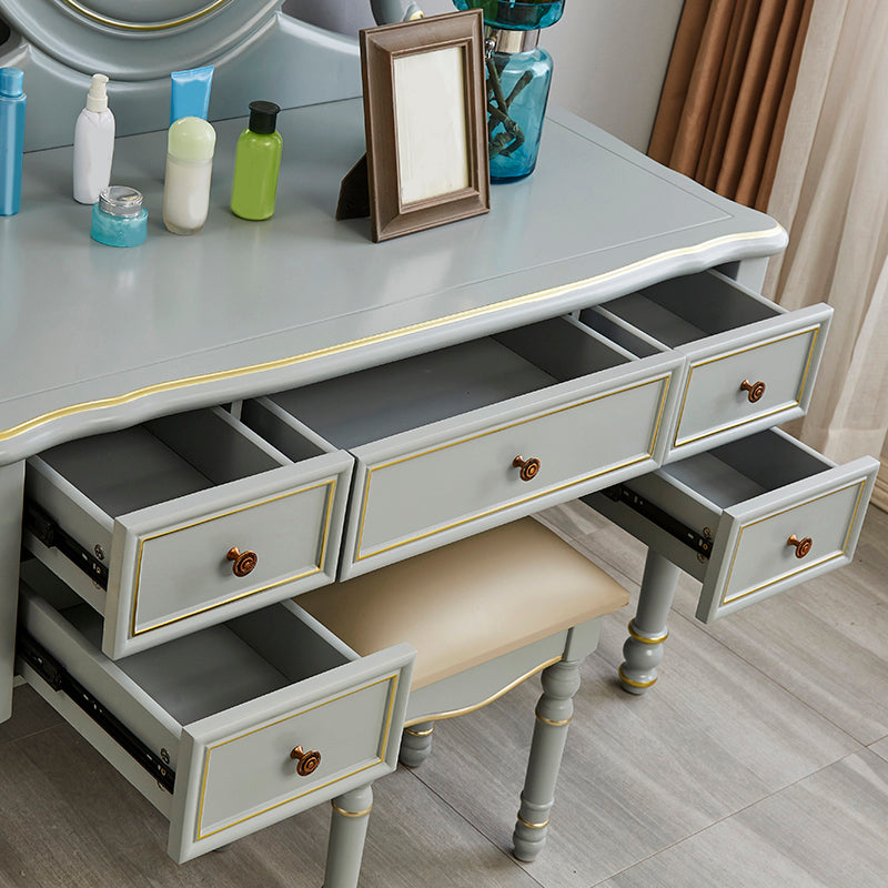 Mirror Desk Furniture 2 Drawer Blue Vanity with Padded Stool