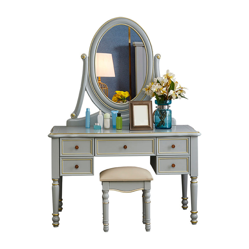 Mirror Desk Furniture 2 Drawer Blue Vanity with Padded Stool