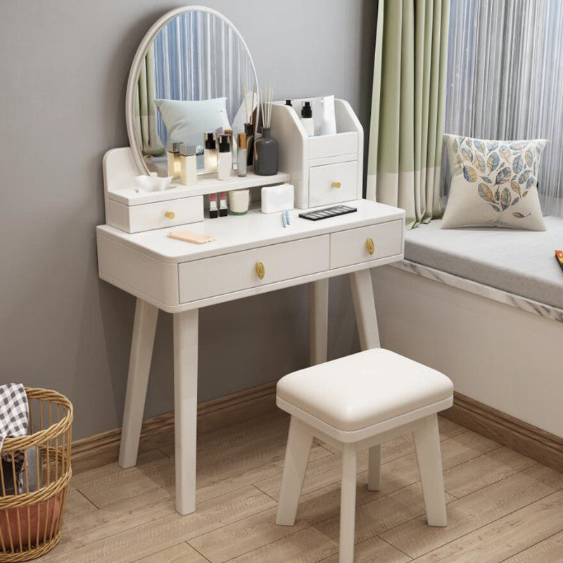 4 Drawer & Mirror Wood Vanity Desk Jewelry Makeup Dressing Table Set