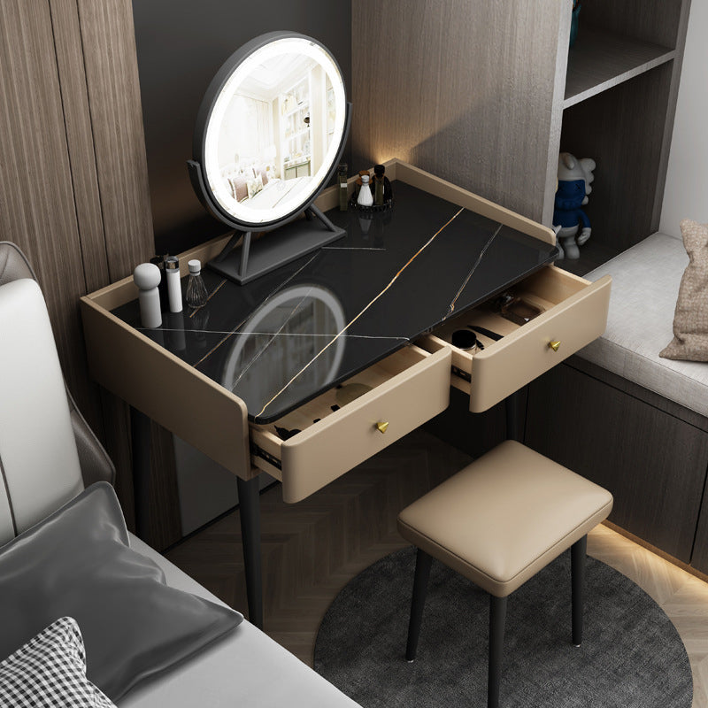 Contemporary Vanity 2 Storage Drawers Dressing Table with Padded Stool