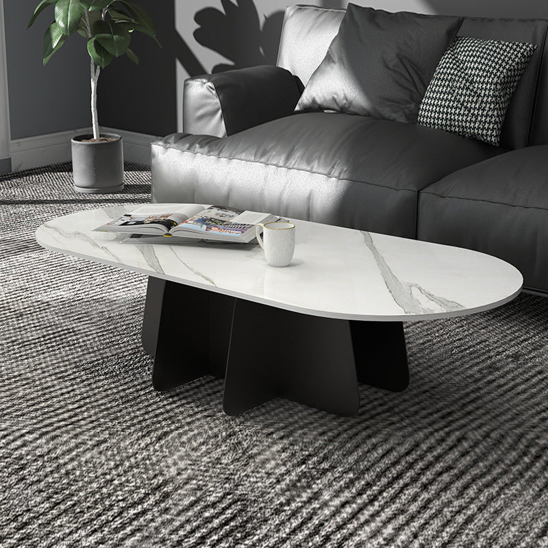 Glam Style Oval Coffee Table with Marble Top and Iron Base in Black