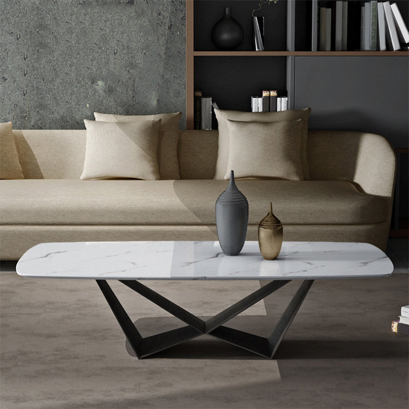 Glam Rectangle White Coffee Table with Marble Top and Steel Base